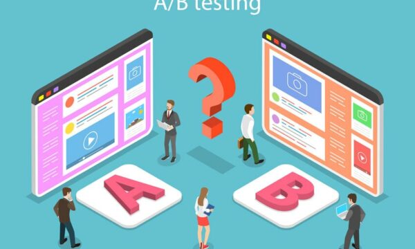 cartoon of a/b testing with a website on one side and b website on the other