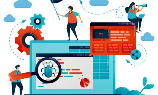 Application development process for testing and debugging. Antivirus software for catching bugs. Debugging, programming and coding to create apps. Programmer building websites. Vector illustration
