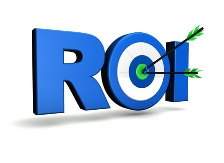 The image shows the letters "ROI" with a target replacing the letter "O." Two arrows are hitting the bullseye of the target.