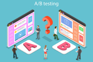 cartoon of a/b testing with a website on one side and b website on the other