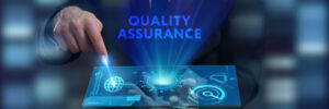 Futuristic hologram display saying "quality assurance" with a man in a suit pointing to it