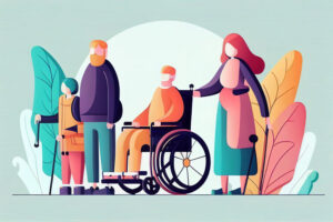 Family representing disability inclusion. Flat design minimalist illustration concept. Generative AI Illustration