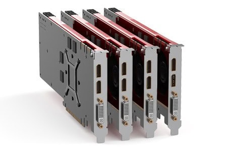 Four stacked video graphics cards with visible HDMI and DVI ports, showing metal casings and red accents.