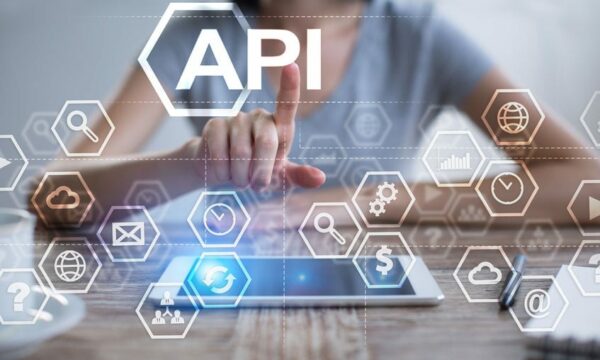 woman using tablet with api over top