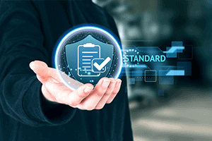 A person holding a holographic icon of a clipboard with a checkmark, symbolizing standards and compliance.