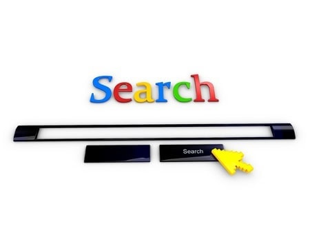 Colorful "Search" text above an empty search bar with a yellow arrow cursor pointing at a black search button.