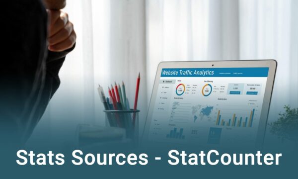 Person viewing website traffic analytics on a laptop screen, with charts and graphs displayed. Text on image: "Stats Sources - StatCounter.