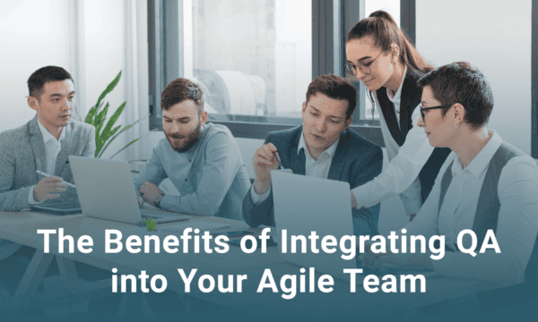 Four people in a team front on the computer Integrating QA