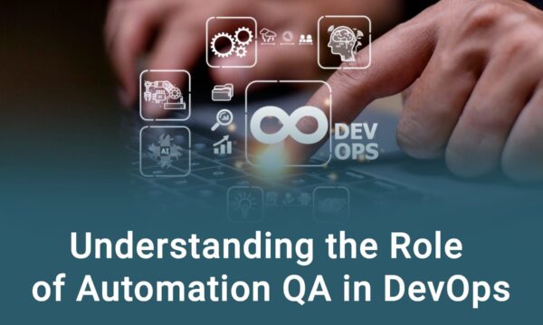 Hands typing on a keyboard with icons and text overlay reading "Understanding the Role of Automation QA in DevOps.