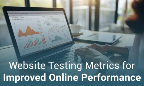 Person working on a laptop displaying website analytics charts. Text overlay: "Website Testing Metrics for Improved Online Performance.