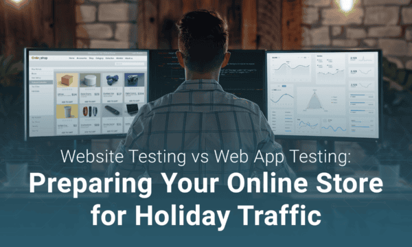 A person sits at a desk with three monitors displaying data and graphics. Text on image reads: "Website Testing vs Web App Testing: Preparing Your Online Store for Holiday Traffic.
