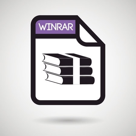 An icon representing a WinRAR file with a stack of three books, featuring a folded corner and a purple "WINRAR" label at the top.